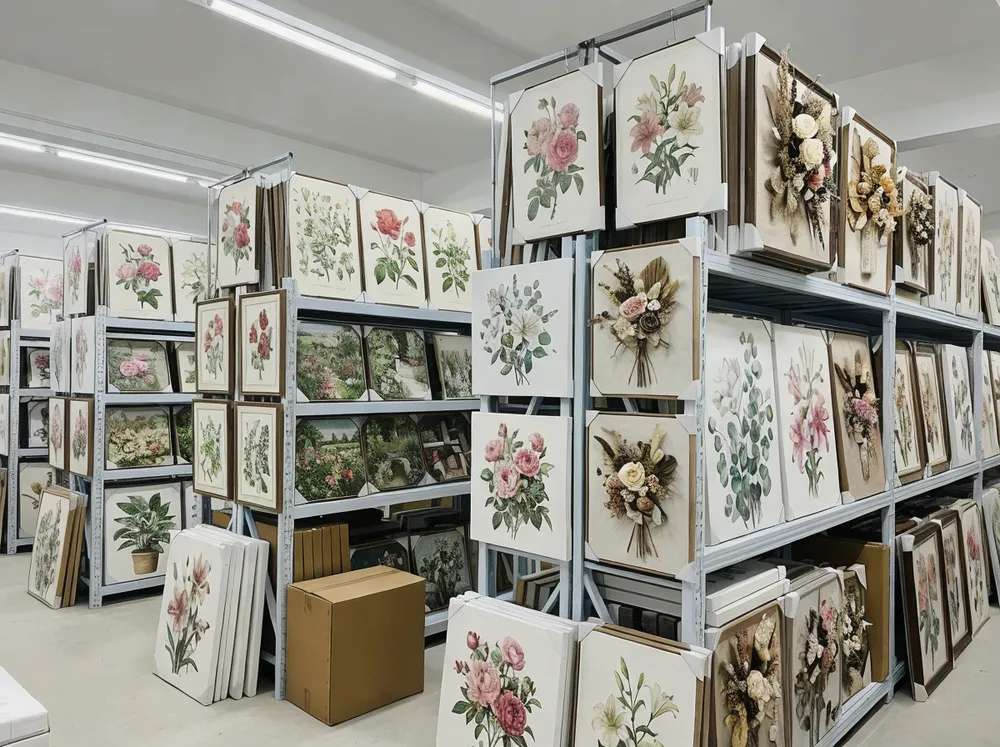 Wholesale flower wall arts featuring botanical canvas prints and mixed-media florals