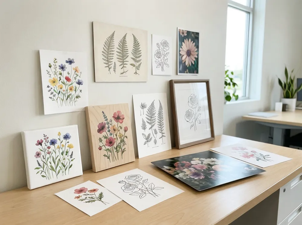 Flower wall art sample set showing various botanical prints on different substrates