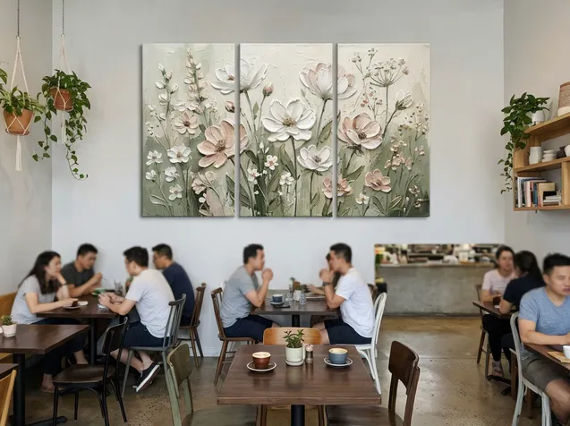 Textured floral wall art in café interior design