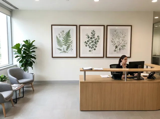Botanical artwork in corporate office reception area