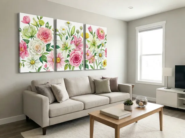 Floral canvas art in staged living room for real estate