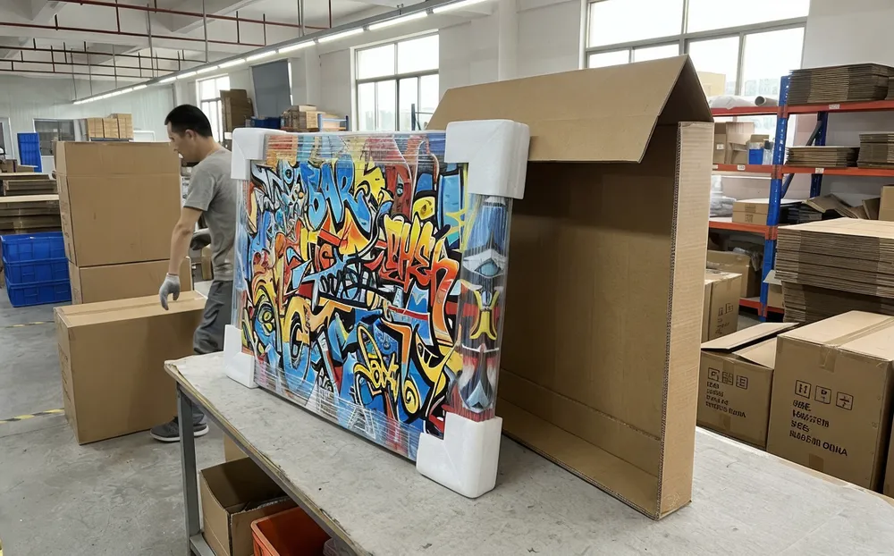 Graffiti wall art packaging showing corner protectors, poly wrap, and sized carton