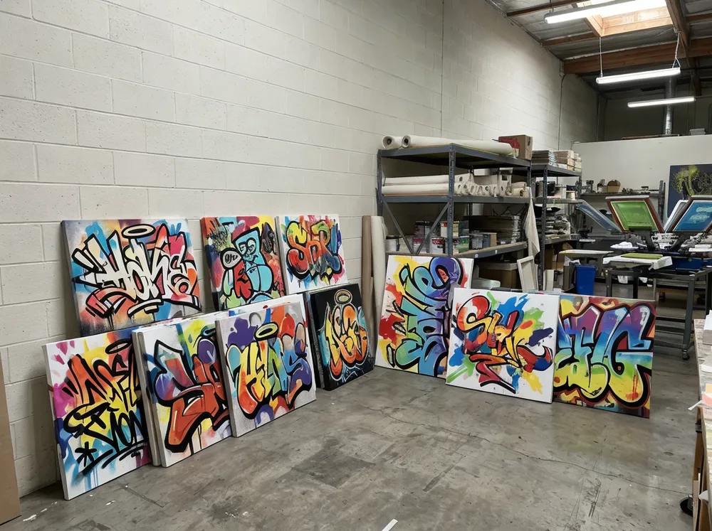 Graffiti wall art collection featuring bold street art aesthetic prints on canvas