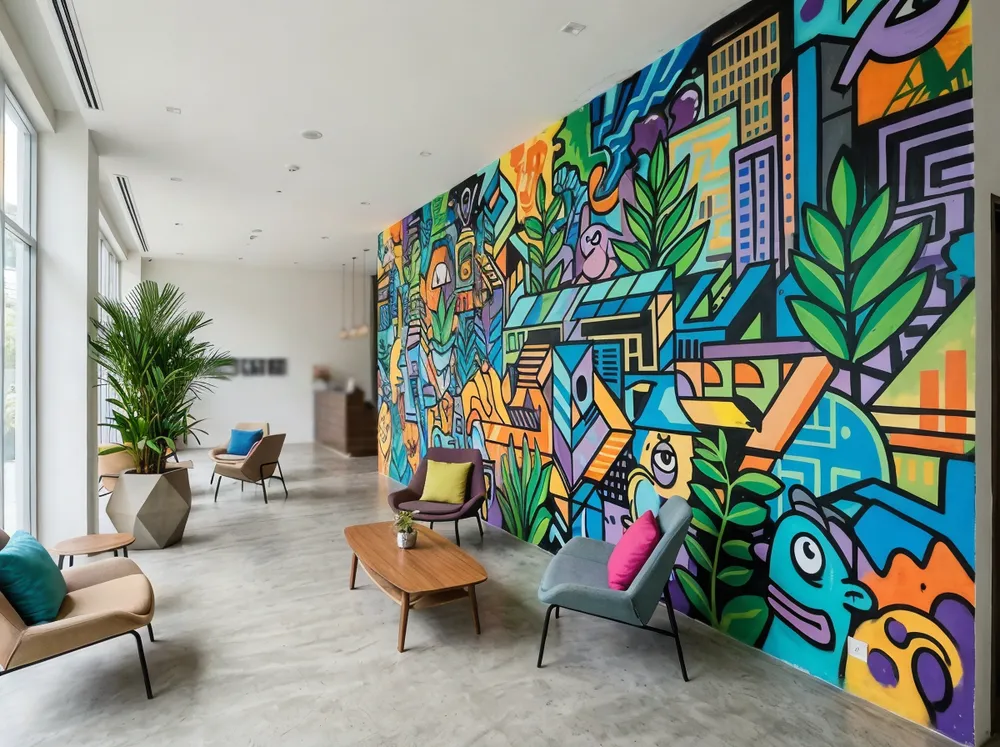 Graffiti wall art installation in boutique hotel lobby