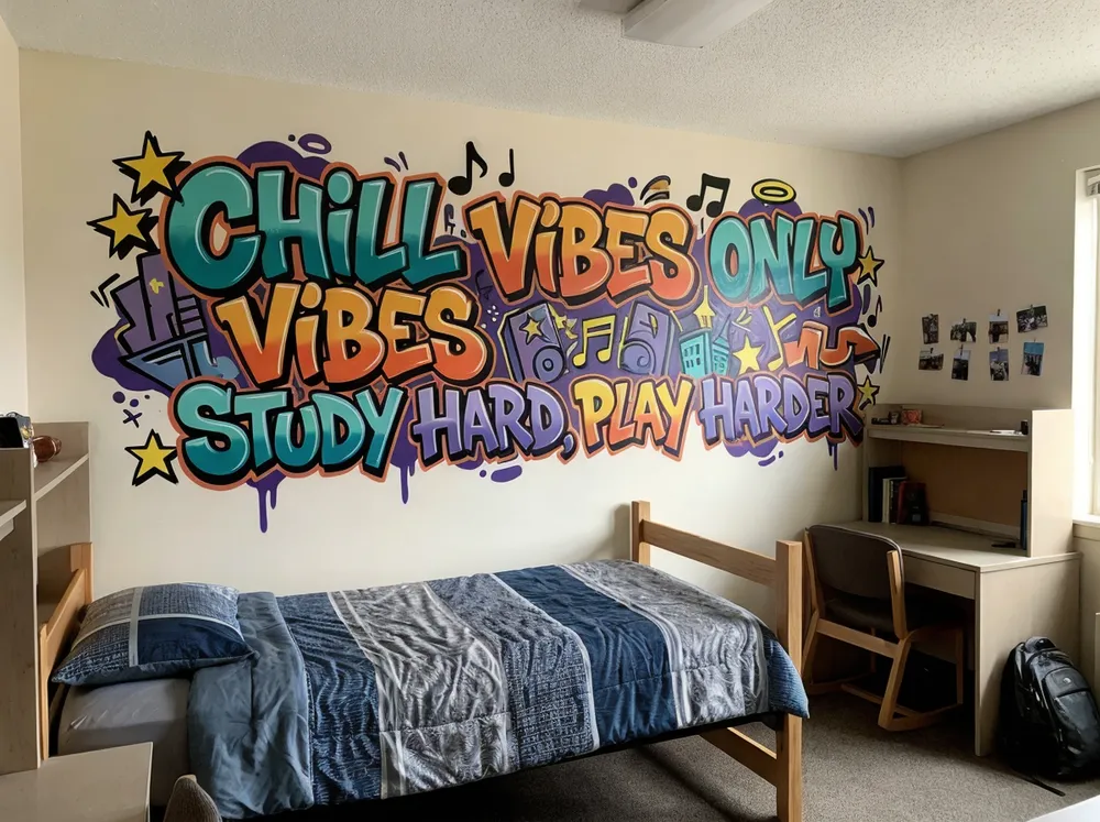 Graffiti wall art in student housing dorm room
