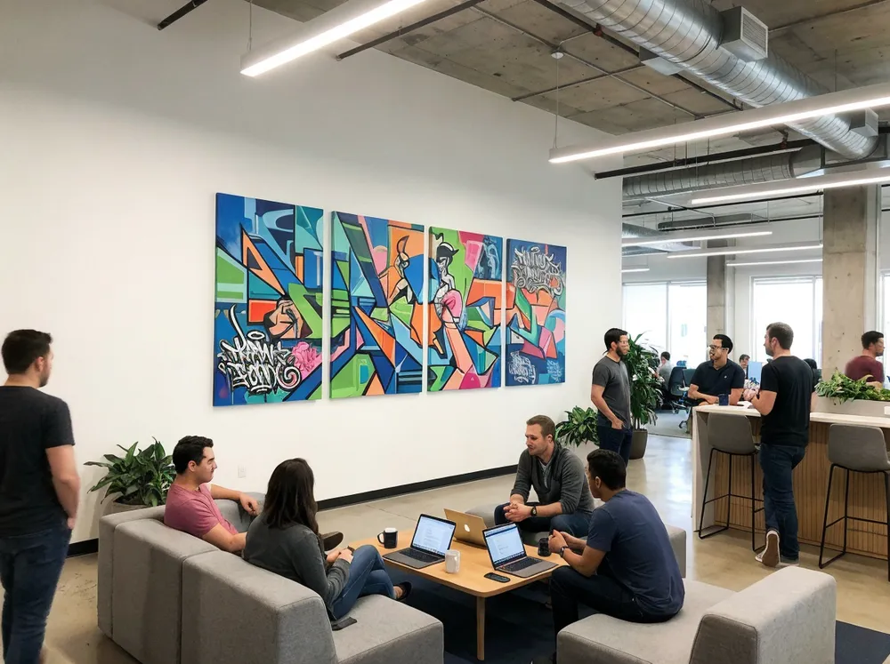 Graffiti wall art in modern tech office common area