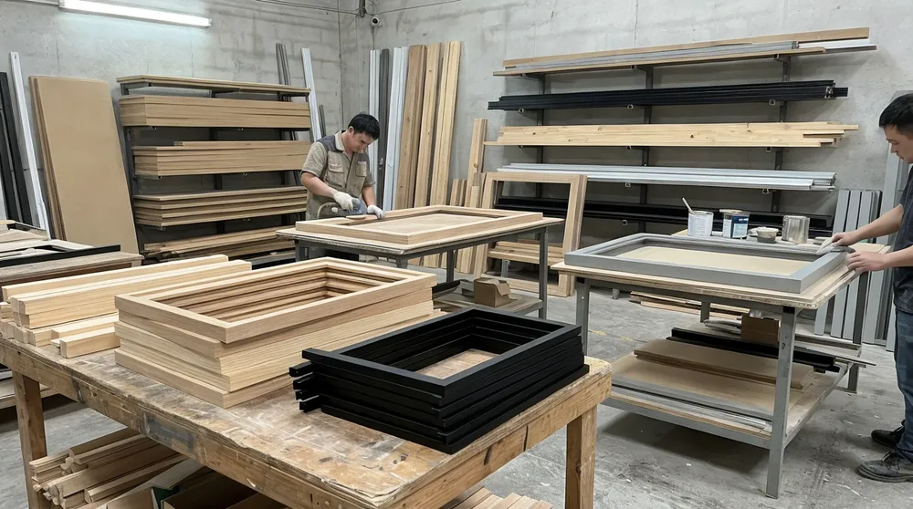 In-house frame finishing with MDF, solid wood, and metal options