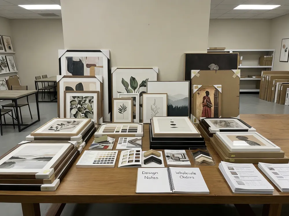 Wall art sample sets and design consultation materials arranged for wholesale buyers