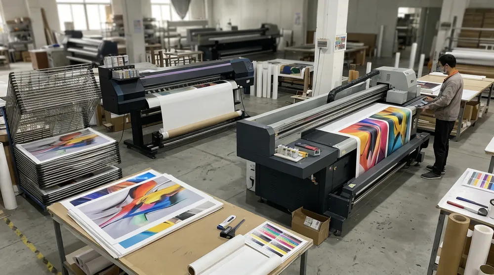 Large-format UV and giclée printing stations for wall art production