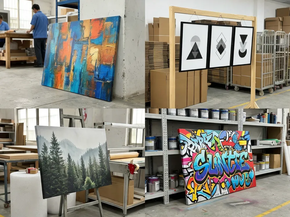 Collage of wall art styles including abstract, modern, nature, and graffiti designs from Livewellcraft factory