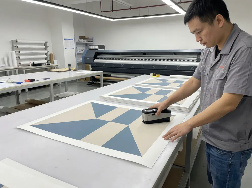Spectrophotometer measuring color consistency on modern wall art print run