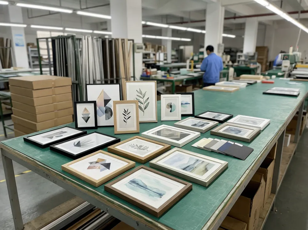 Modern wall art customization samples showing various frame profiles and surface finishes