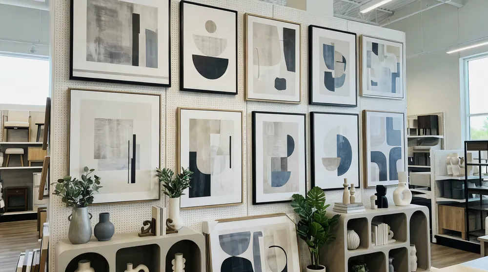 Modern wall art displayed in home goods retail environment