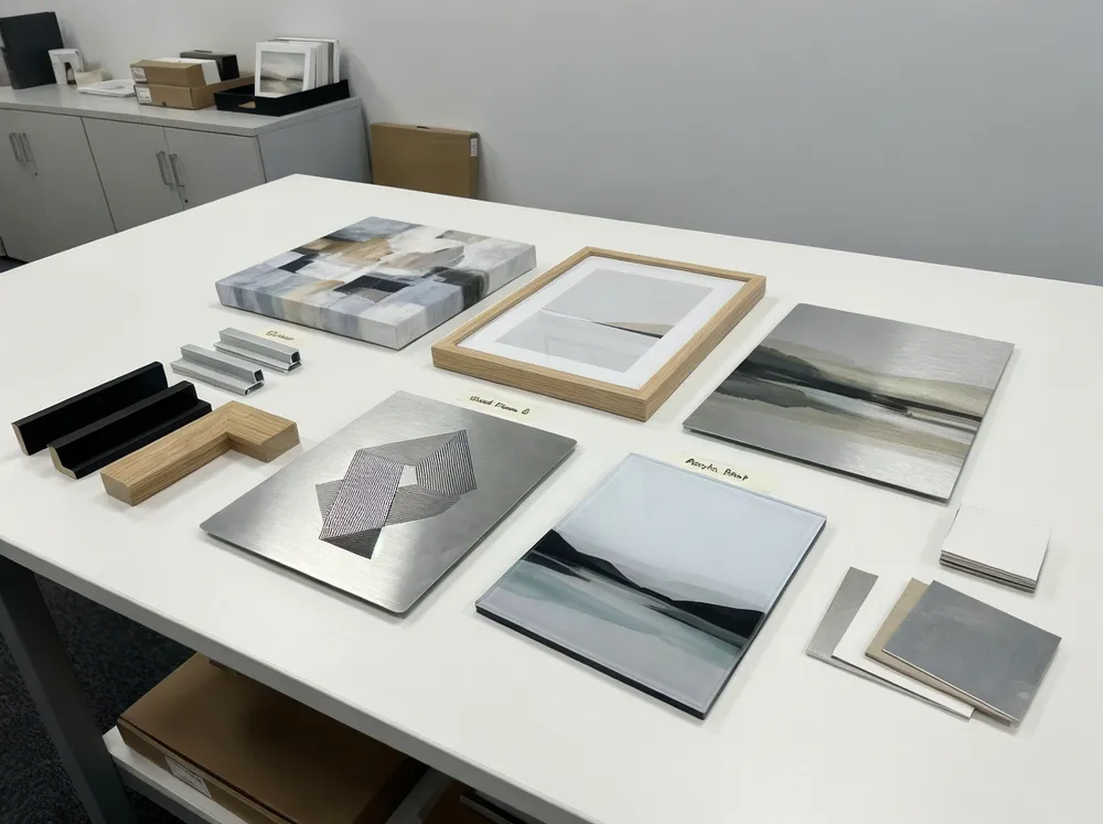 Modern wall art sample set with various substrate and frame options for buyer evaluation