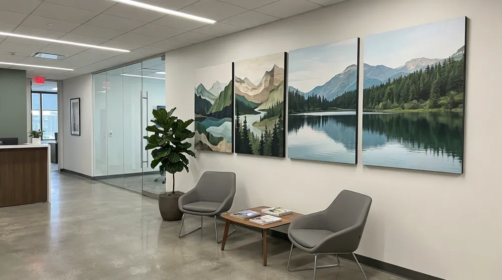 Modern office lobby with nature landscape wall art installation