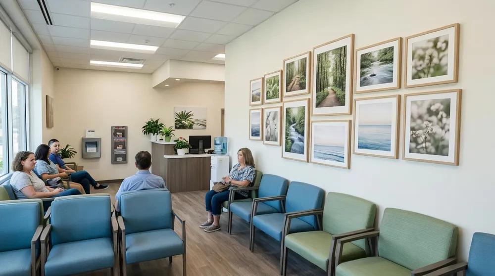 Medical clinic waiting room with calming nature wall art