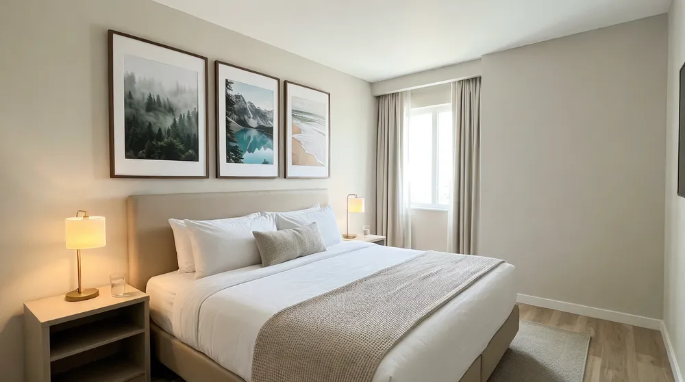 Hotel room interior with coordinated nature wall art above headboard