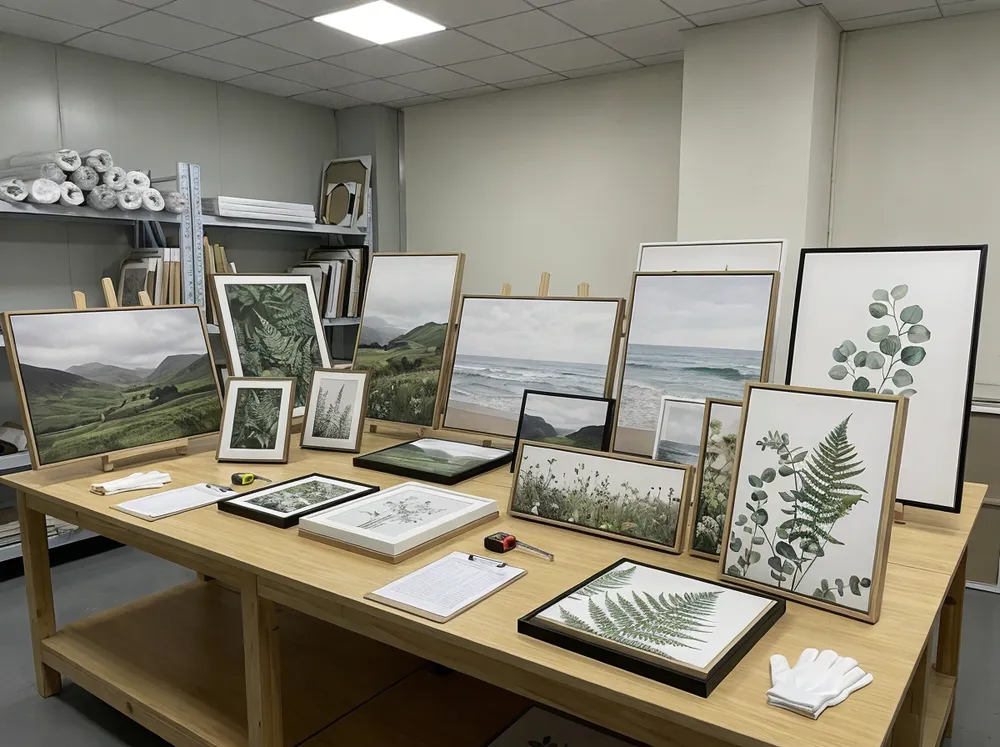 Nature wall art sample collection showing landscapes, seascapes, and botanical compositions ready for wholesale evaluation