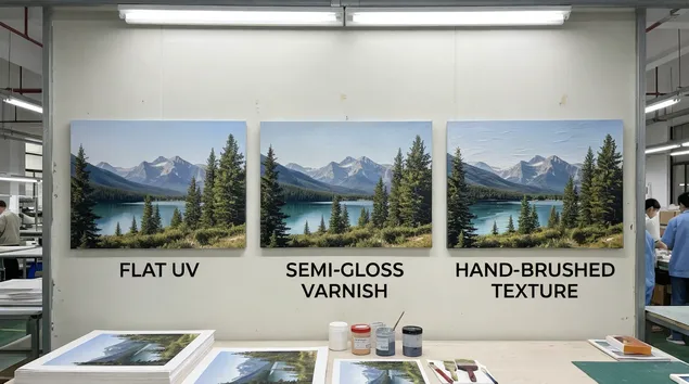 Comparison of texture finishes on nature wall art — flat UV vs semi-gloss varnish vs hand-brushed texture