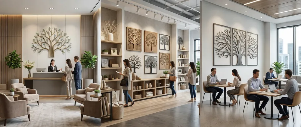 Tree wall art installations across hospitality, retail, and corporate environments