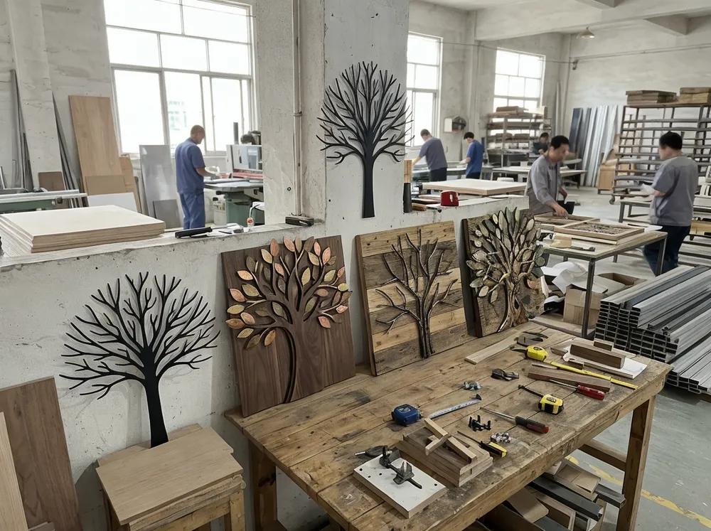 Custom tree wall art design samples showing various finishes and configurations