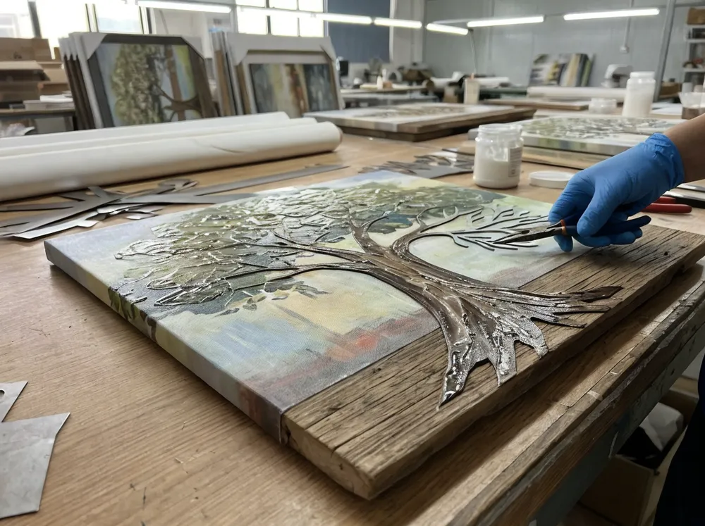 Mixed-media tree wall art construction showing canvas, metal, and wood layers