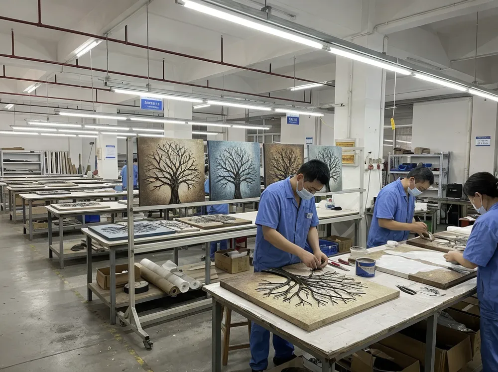 Dimensional tree wall art with metal branches and textured canvas