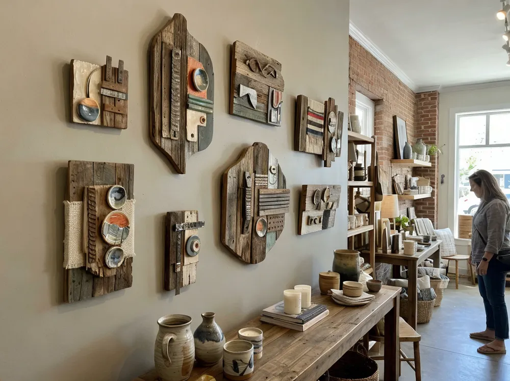 Unique wall art displayed in boutique retail environment