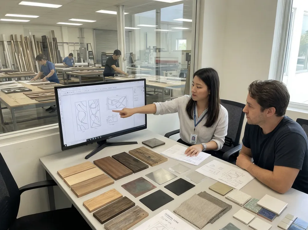 Custom wall art design consultation with vector outlines and material samples