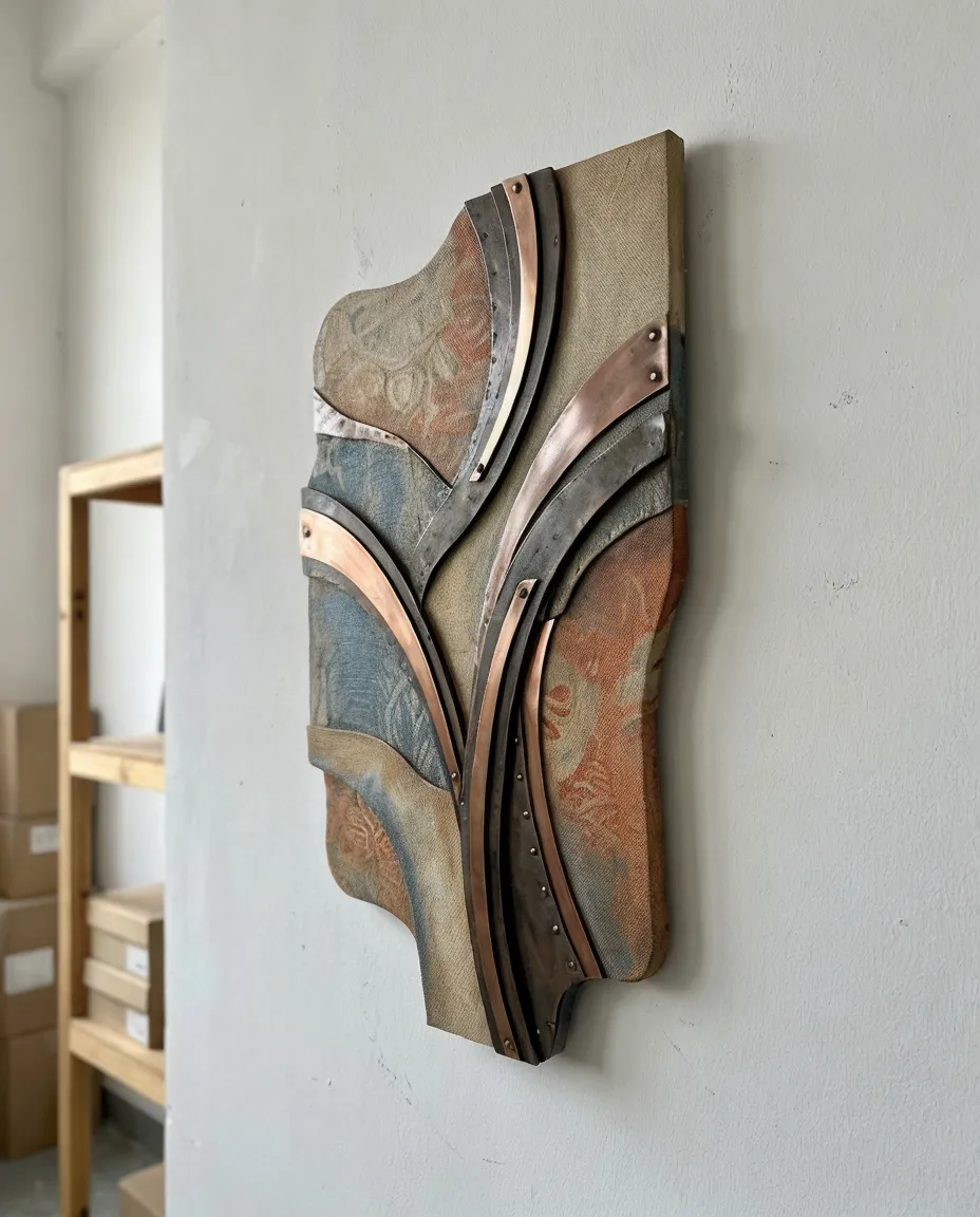 Dimensional mixed-media wall art with irregular silhouette combining metal and canvas elements