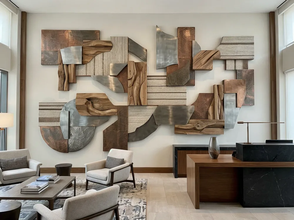 Unique wall art installation in hotel lobby