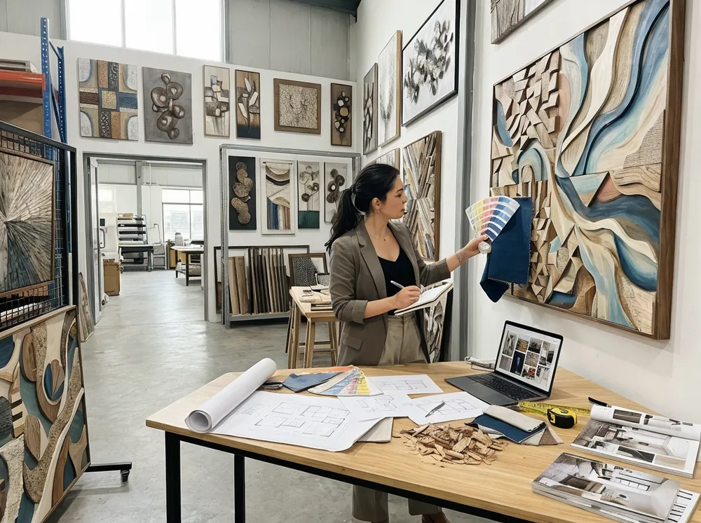 Designer selecting unique wall art for residential project