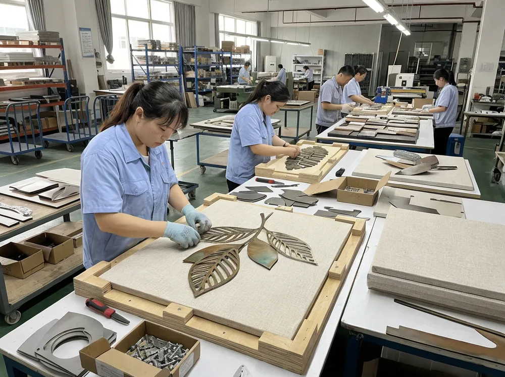 Production floor showing custom assembly sequence for dimensional wall art