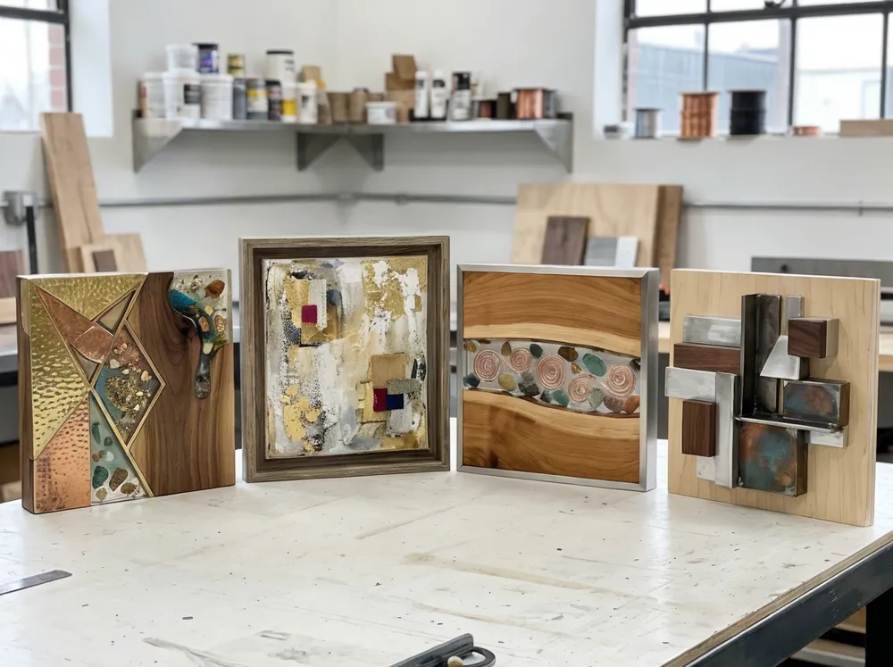 Sample set of unique wall arts featuring metal, canvas, resin, and wood material combinations