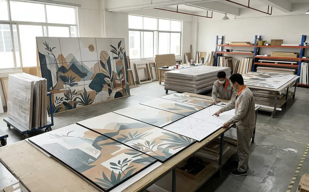 Large-format mural wall art panels for hospitality and commercial projects