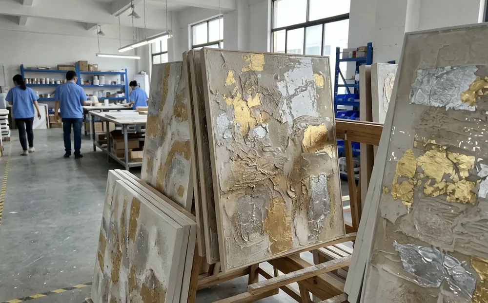 Mixed-media textured wall art panels with plaster, metallic leaf, and resin layering