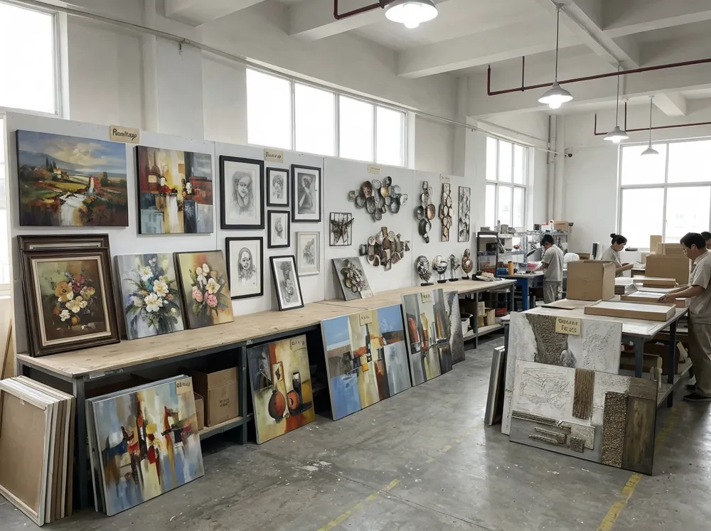 Five wall art types manufactured at Livewellcraft facility — paintings, drawings, sculptures, murals, and texture pieces