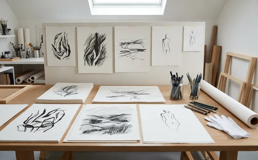 Ink, charcoal, and pencil drawings on archival paper at Livewellcraft studio
