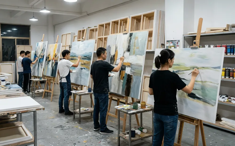 Hand-painted acrylic and oil canvas wall art in production at Livewellcraft