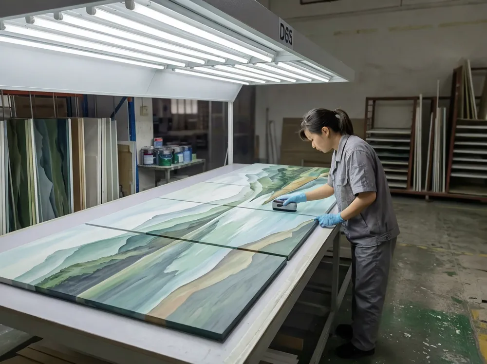 Multi-panel mural set laid out under D65 standardized lighting for color consistency verification before sealant application