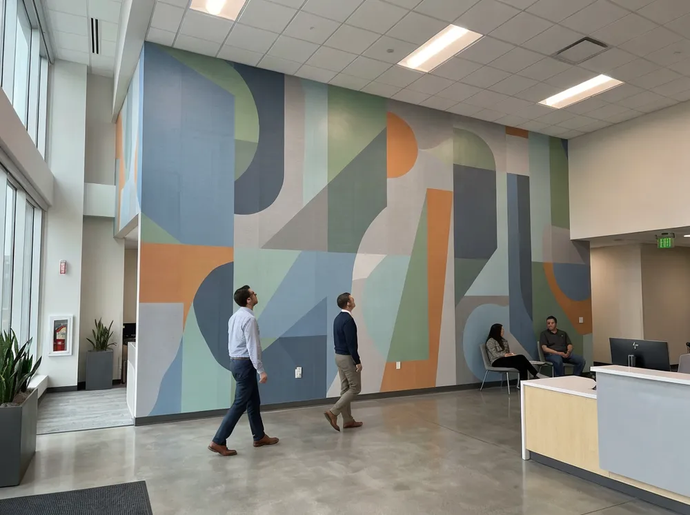 Large-format mural wall art installation in commercial space