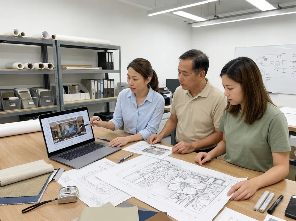 Mural project consultation with wall dimensions and design concept review