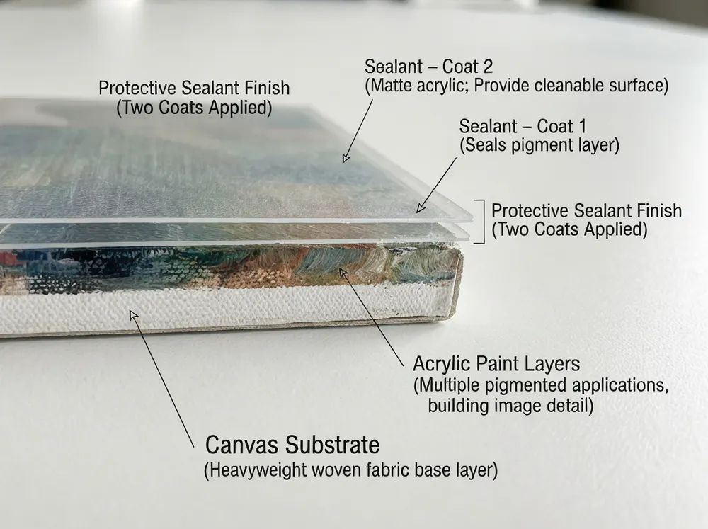Cross-section view of mural construction showing canvas substrate, acrylic paint layers, and protective sealant finish