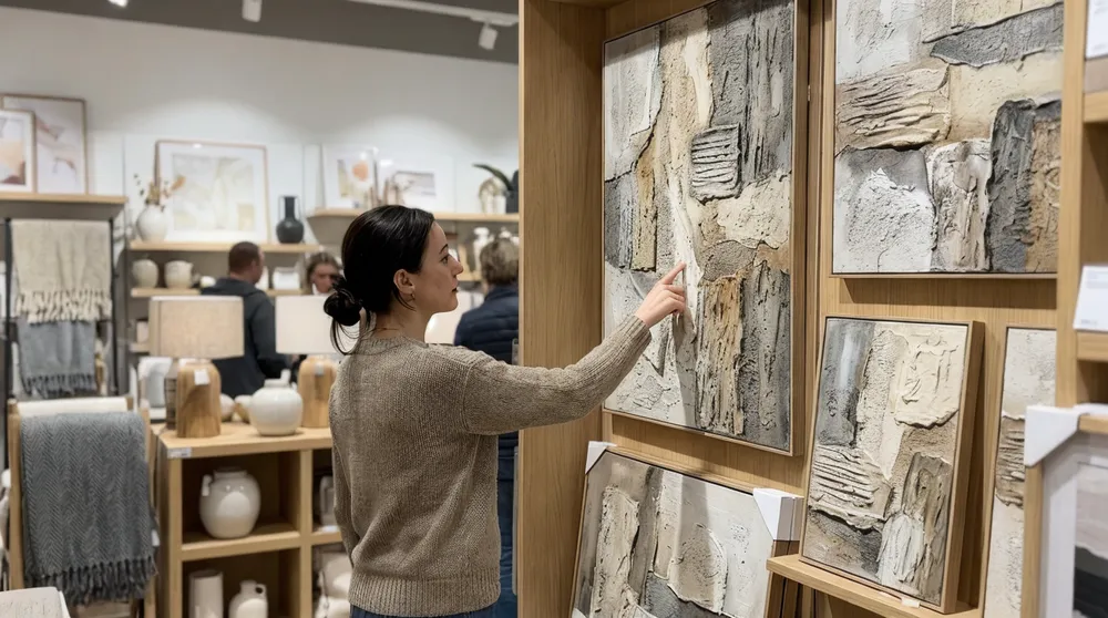 Texture wall art displayed in home décor retail store with customer examining surface