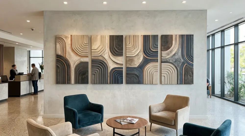 Texture wall art installation in hotel lobby with matched set of panels