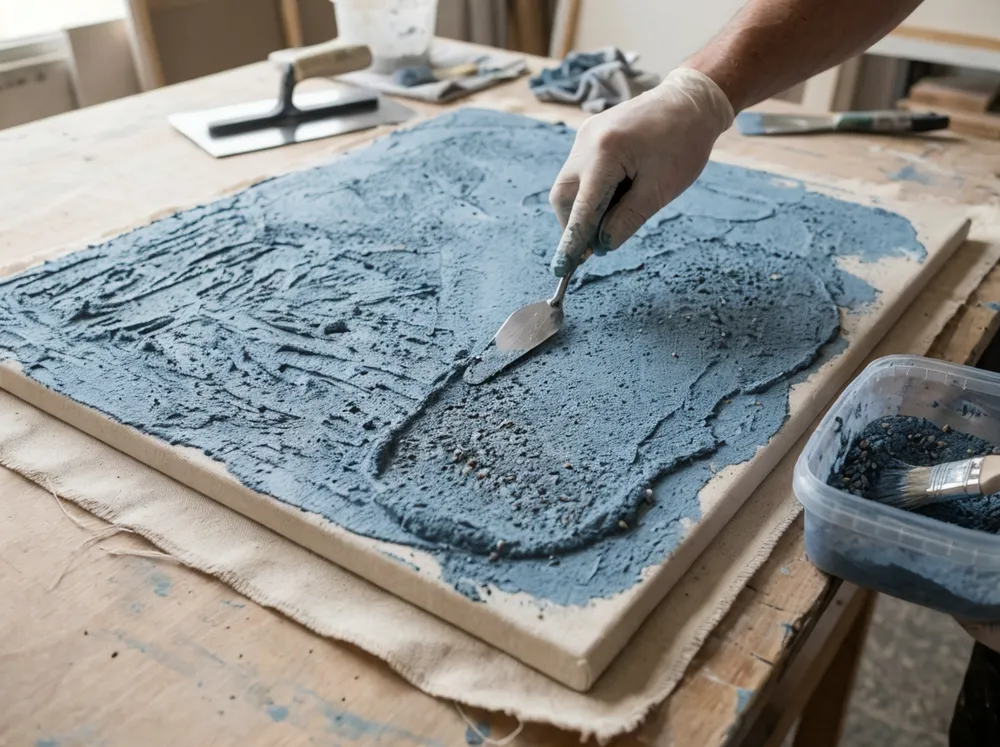 Close-up of texture wall art layering process showing aggregate and pigment application