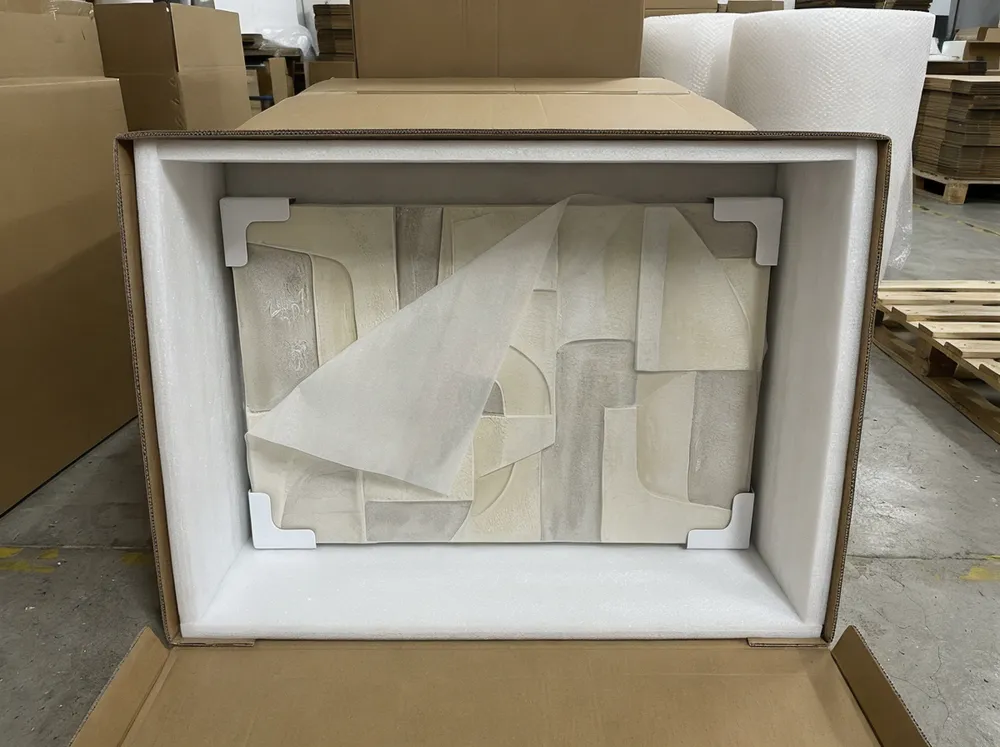 Foam-lined packaging with corner protectors for texture wall art panels