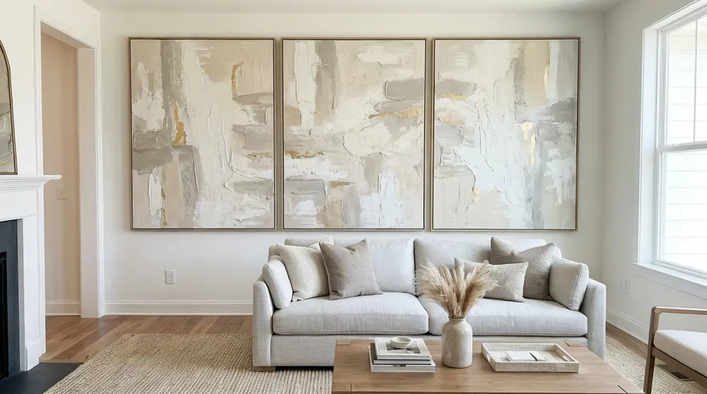 Texture wall art in staged model home living room with neutral abstract composition