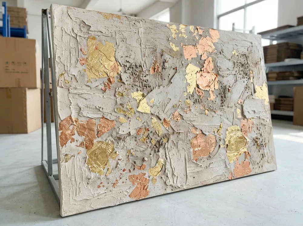 Handcrafted texture wall art panel showing multi-layer mixed-media surface with visible plaster and metallic leaf details