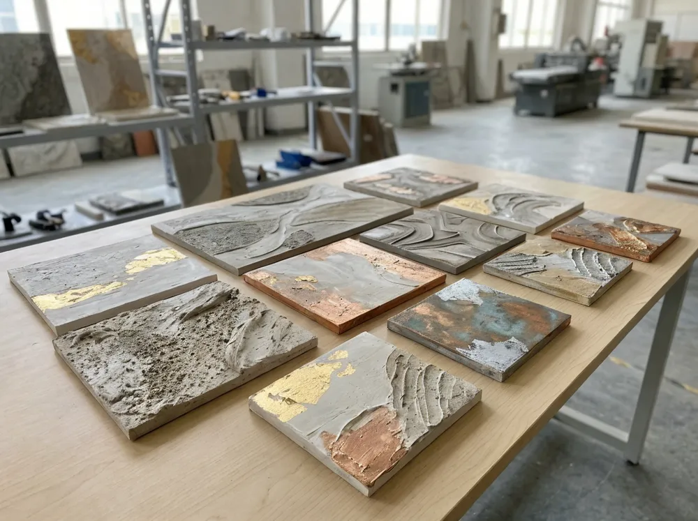 Texture wall art sample pieces arranged for buyer evaluation showing layered plaster and metallic finishes